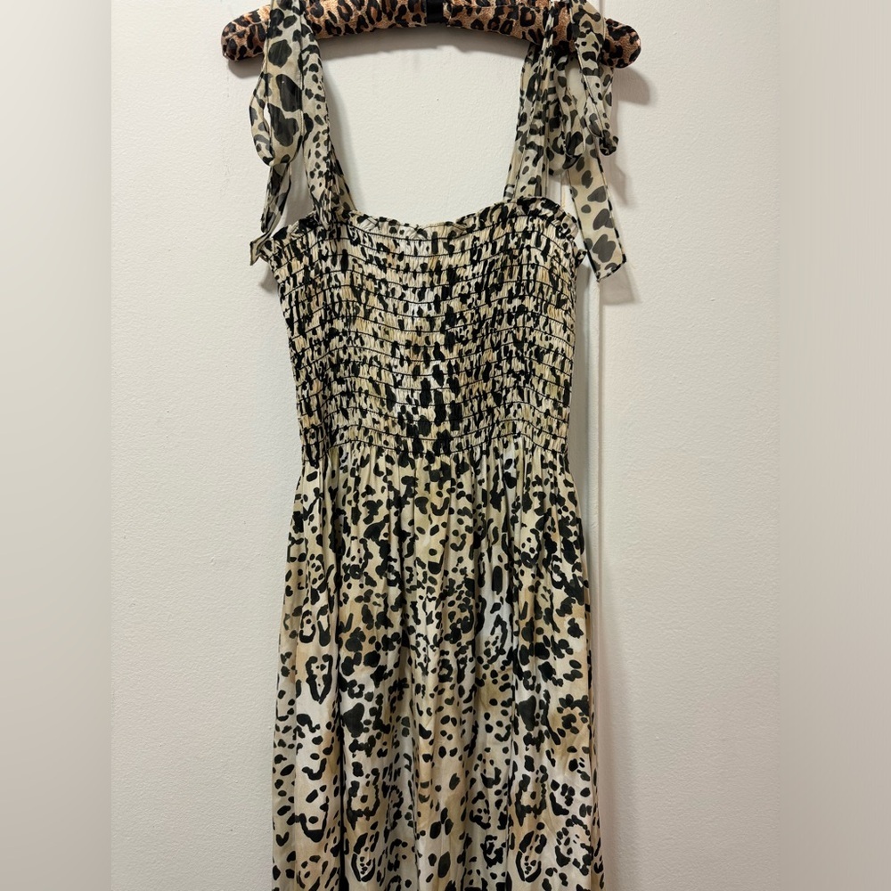 La Ligne Silk Midi Dress Smocked Leopard print EUC Size Large 🐆 - Picture 2 of 5